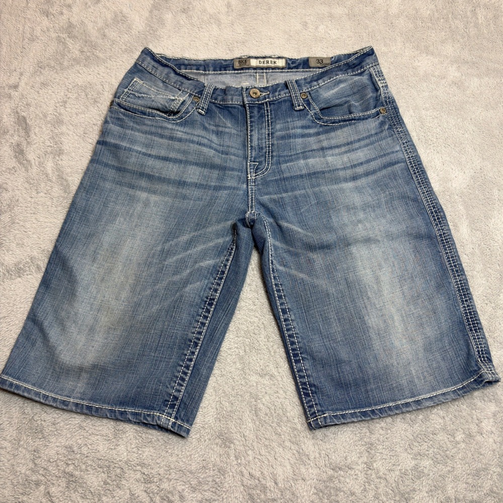 BKE Derek Denim Shorts Mens 33 Blue Medium Wash Relaxed Fit Contrast Stitch